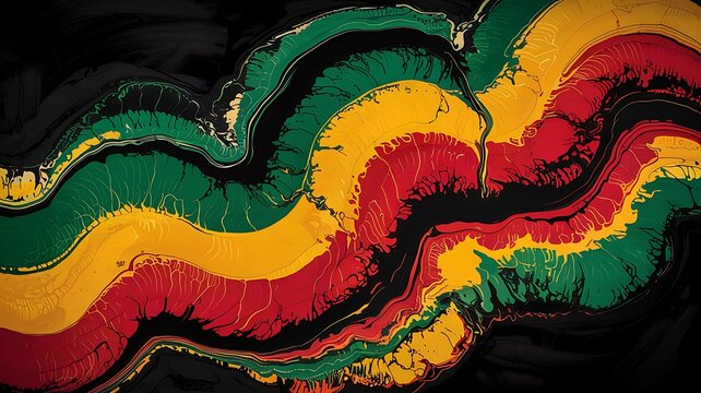 Abstract fluid art background with flowing waves of red, yellow, and green colors