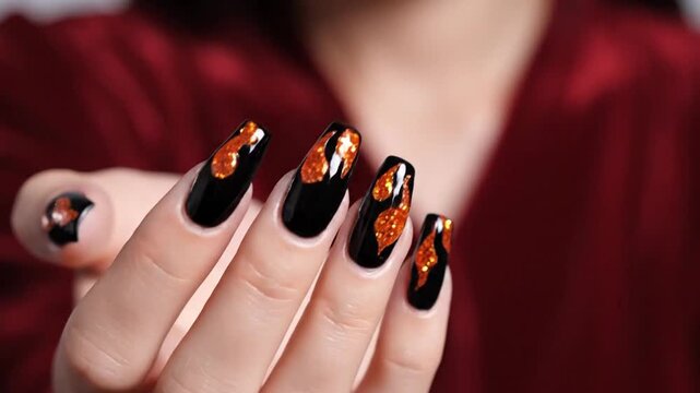 Close-up of a female hand displaying long glossy black stiletto nails decorated with orange glitter flame or leaf patterns, set against a blurred red fabric background.