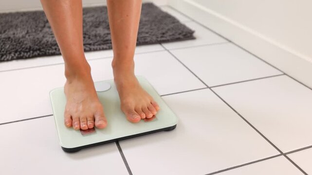 Woman checking her weight by stepping onto a bathroom scale.