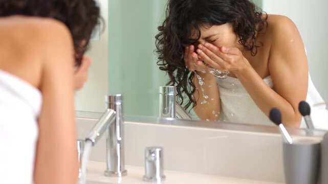 Attractive Latino woman washing her face in the bathroom sink. Slow motion.