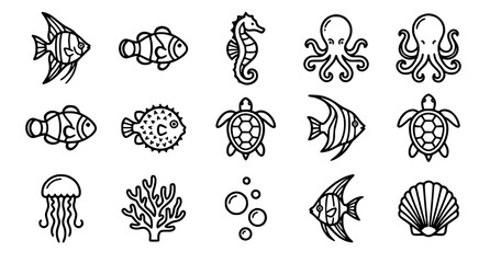 Underwater ocean creatures and seaweed illustrations © Nahid
