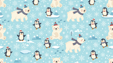 Cute arctic seamless pattern, polar bears, penguins and snowflakes, flat vector winter illustration” © Maftuh
