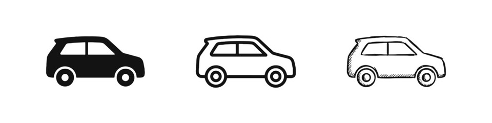 Compact Car Vehicle Icon Set in Solid Outline and Hand-Drawn Styles © drawing lines