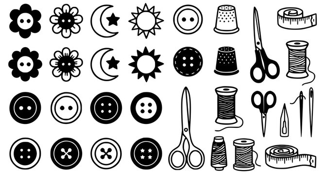 Black and white sewing notions and celestial elements graphic collection