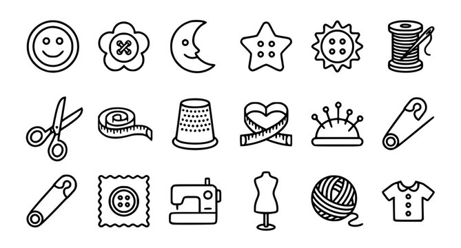Sewing and craft supplies line icons set black and white vector illustration