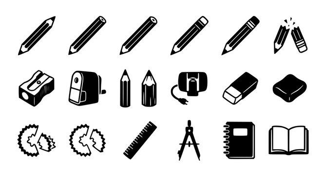 Stationery icon set pencils sharpeners rulers and school supplies