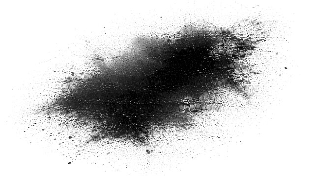 Black powder explosion on white background, dark charcoal dust cloud with grainy texture, explosive soot splash for design overlays