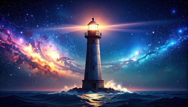 Majestic lighthouse illuminating a turbulent dark ocean under a breathtaking colorful cosmic sky filled with stars and nebulae symbolizing guidance and hope
