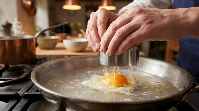 Chef poaching a fresh egg using a metal ring mold | Close up of hands cooking poached eggs in simmering water | Professional culinary techniques for breakfast preparation