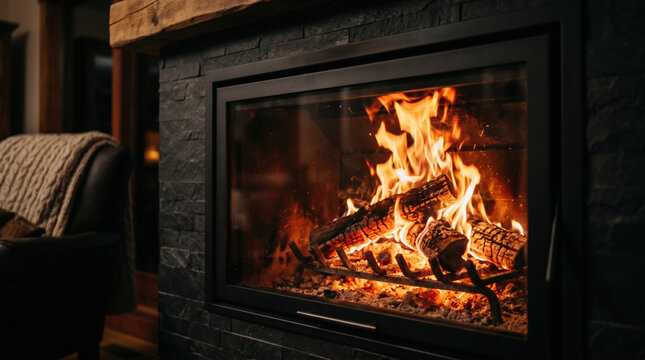 Modern fireplace with glowing flames and burning logs, cozy indoor setting featuring a comfortable chair and warm ambiance in a stylish home