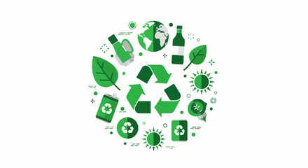 Fototapeta premium Eco-friendly and Sustainability Concept Illustration with Recycling Symbols, Earth, and Green Energy Icons in a Circular Design