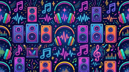 Flat vector music festival seamless pattern, speakers, headphones and neon music notes, colorful modern design © Maftuh