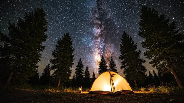 Brightly illuminated yellow camping tent glows in a pine forest under the spectacular Milky Way galaxy and a vast star-filled night sky with a small lantern on the ground.