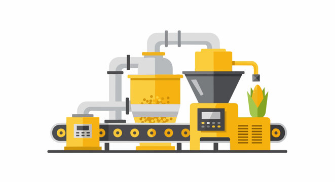 Industrial Corn Processing Machine and Conveyor Belt Vector Illustration - Modern Factory Automation for Food Production and Agriculture Industry