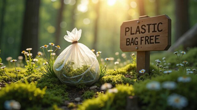 Eco Friendly Alternative Bag in Forest with Plastic Bag Free Wooden Sign for International Plastic Bag Free Day, Sustainability Concept