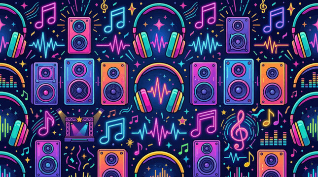 Flat vector music festival seamless pattern, speakers, headphones and neon music notes, colorful modern design