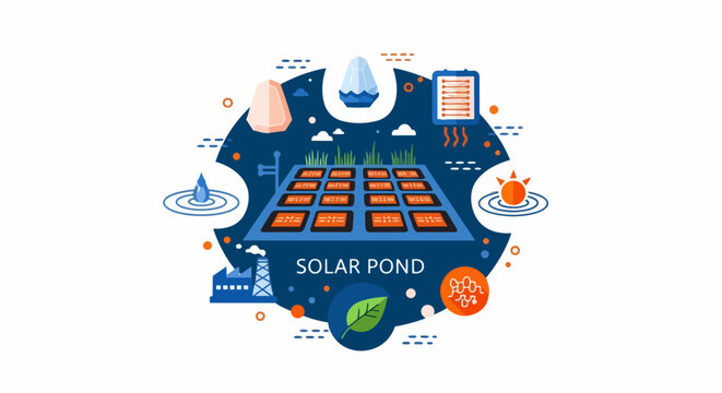 Solar Pond Concept Illustration - Renewable Energy Infographic showing Salinity Gradient, Thermal Heat Storage, and Sustainable Green Power Production
