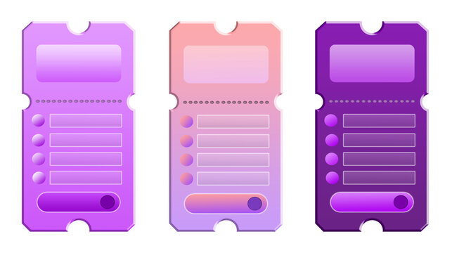 Set of 3 Purple Ticket Shape Pricing Card Templates with Rounded Corner Cutouts, Futuristic Coupon Style UI Panels, Glossy Gradient Violet Interface Elements, Vertical Subscription Cards