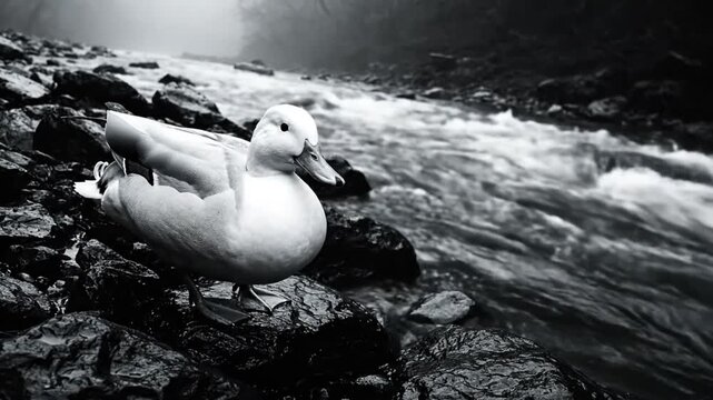 Black and white portrait of a white duck perched on rocks near a flowing river in a misty environment