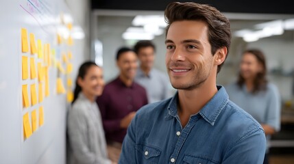 Obraz premium A professional man smiles in a bright office setting conveying a sense of teamwork and corporate achievement