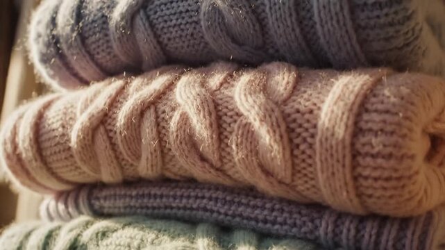 Close-up of a tall stack of folded wool sweaters in diverse pastel colors including pink, purple, mint green, and cream, featuring detailed cable knit patterns and textures.