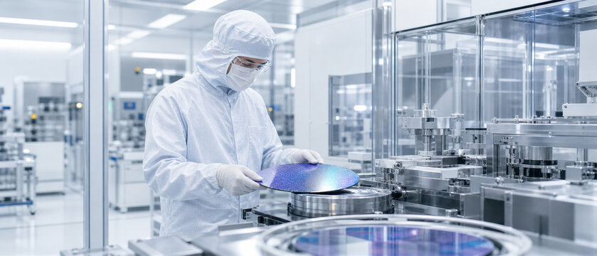 Cleanroom engineer handling a semiconductor wafer in a modern chip manufacturing facility with automated equipment and precision machinery.