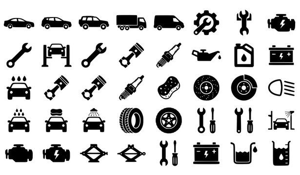 Automotive repair icons set vehicles tools parts and maintenance symbols