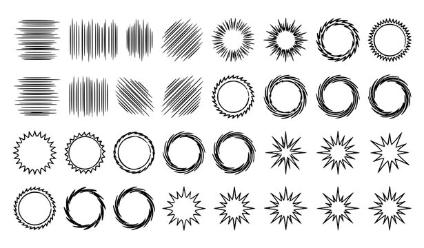 Variety of black and white line art circular and linear design elements