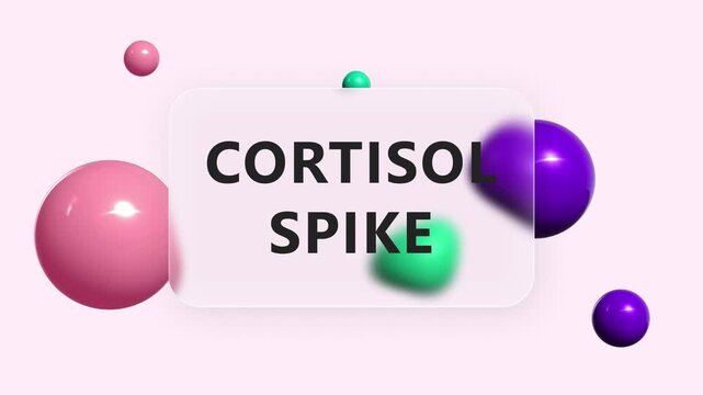 Animated cortisol spike text on glass panel with purple, teal and red spheres on pink background