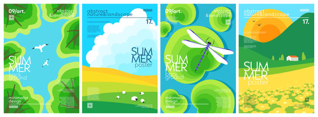 Set of nature landscape summer backgrounds with trees crown and seagulls, fields and sheep, water lily leaves and dragonfly, hills and building. Simple geometric design for cover, poster, banner © Anastasiya Stoma