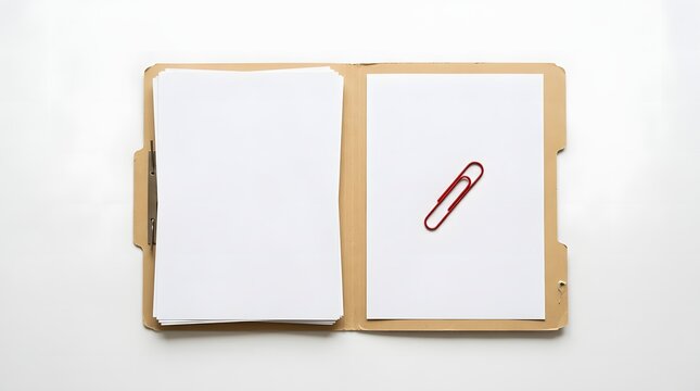 Open manila folder with a stack of white papers and a single sheet holding a red paperclip, viewed from above on a white background.