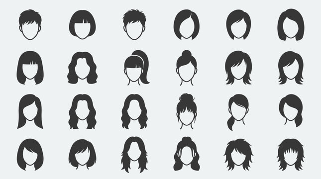 A set of female hairstyle vector icons displayed in a grid layout.