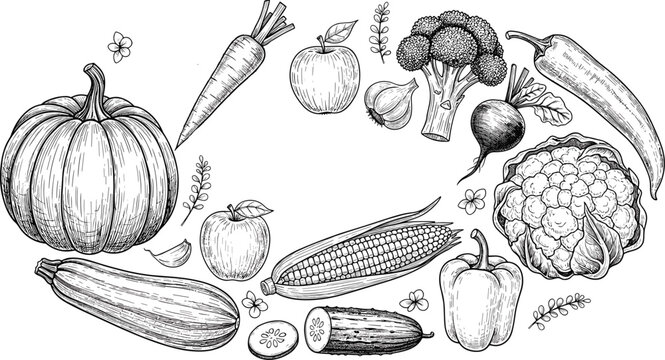 Hand drawn botanical vector vintage sketch illustration oval frame composition of fresh organic vegetables pumpkin carrot broccoli corn zucchini pepper isolated on transparent background