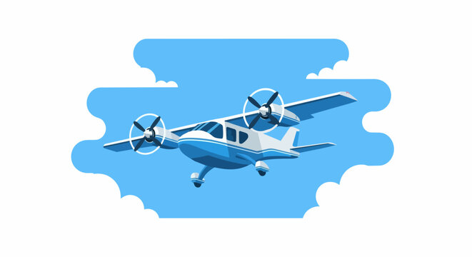 Modern Twin-Engine Propeller Airplane Vector Illustration Flying in a Stylized Blue Sky with Clouds for Aviation and Travel Design