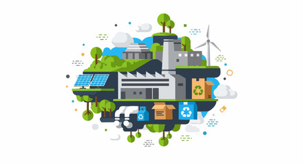 Fototapeta premium Sustainable Eco-Friendly Industrial Concept Vector Illustration with Solar Panels Wind Turbines and Recycling for Green Energy and Circular Economy
