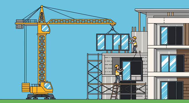 Yellow Construction Crane Operating Building.