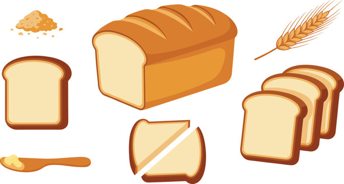 Bread Loaf Collection Vector Illustration with Whole and Sliced Toast Bread Wheat and Butter Elements Isolated for Bakery Food Design