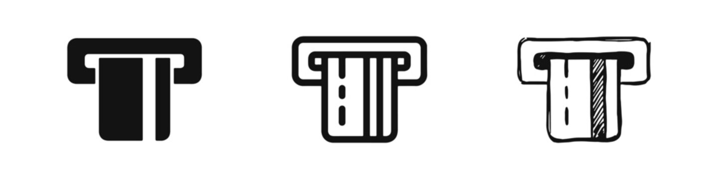 Credit Card ATM Transaction Icon Set in Solid, Outline, and Hand-Drawn Sketch Styles for Banking and Finance