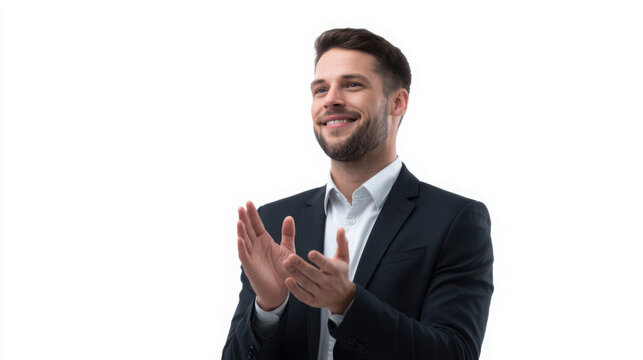 Smiling businessman in black suit isolated on white background clapping hands