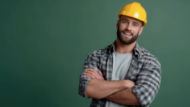 Construction worker wearing yellow hard hat and checked shirt