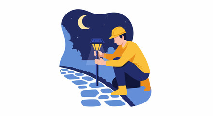Naklejka premium Technician Installing Solar Powered Garden Light on Stone Path at Night, Sustainable Renewable Energy Concept Illustration