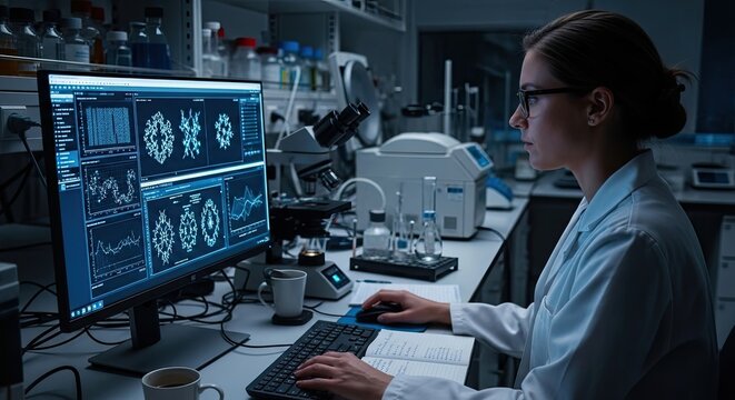 A female scientist intently observes a complex data visualization on a computer screen in a brightly lit laboratory. She wears glasses and a white lab coat, and her dark hair is pulled back.