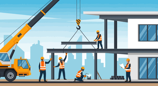 Construction workers building with crane.