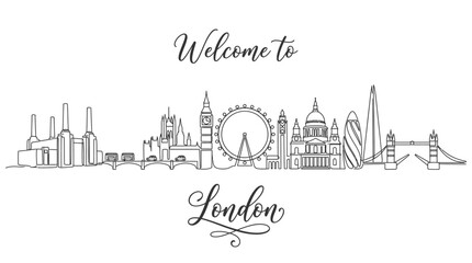 Fototapeta premium London Skyline Outline: Iconic Landmarks with Welcome Script, Monochrome Art