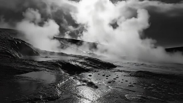 Black and white view of a volcanic landscape with steam rising from the hot spring, beautiful scenic panorama