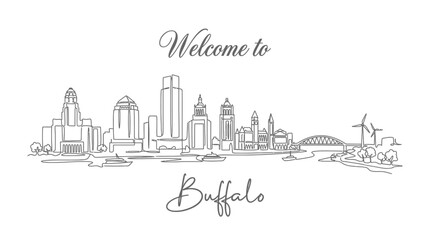 Fototapeta premium Buffalo Skyline in Single Continuous Line Art, Welcome Greetings