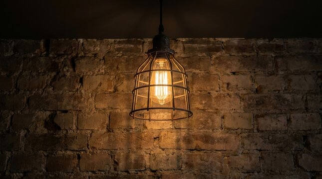 Industrial caged pendant light fixture with exposed Edison bulb casting warm glow on brick wall