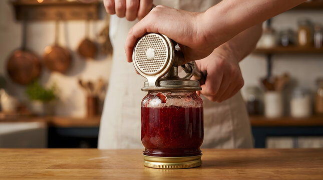 Vintage manual jar seamer in use | Sealing homemade raspberry jam jars | Traditional canning and preserving techniques | Hands using old fashioned kitchen tool
