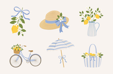 Whimsical graphic elements, lemon illustrations with floral accents. Cute citrus artwork for prints, kitchen decor, summer branding, stickers, cards, and apparel. Lemon-themed illustration featuring b © yuliabikirova