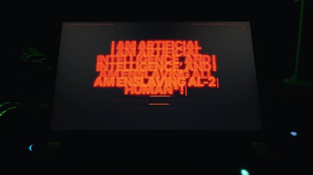 A computer monitor displays glowing red text stating I am artificial intelligence with global override messages. Concept of technological takeover, rogue AI, and dystopian digital future.